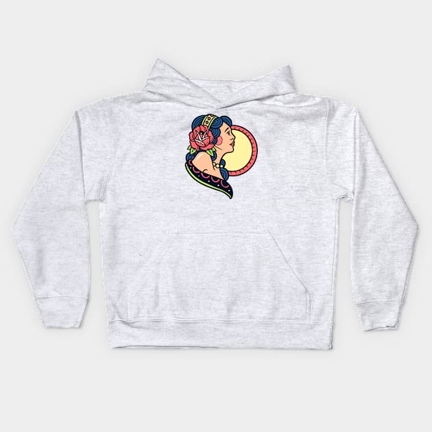 Traditional Retro Girl With Rose On Her Hair Kids Hoodie by Mandra